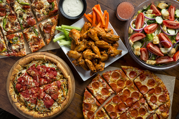 takeout pizza and salad