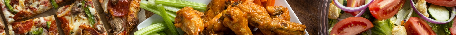 cheese pizza, chicken wings, vegetables.